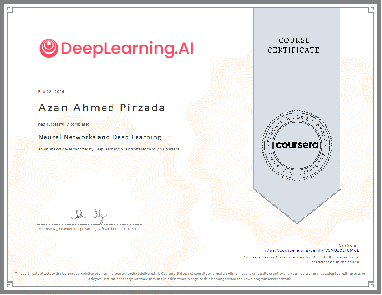 Deep Learning Specialization Course 1 Certificate